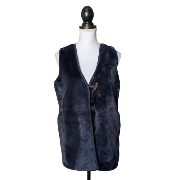 J McLaughlin Navy Blue Lolan Faux Fur Knit Back Vest Sweater Size Small Toggle - Picture 1 of 7